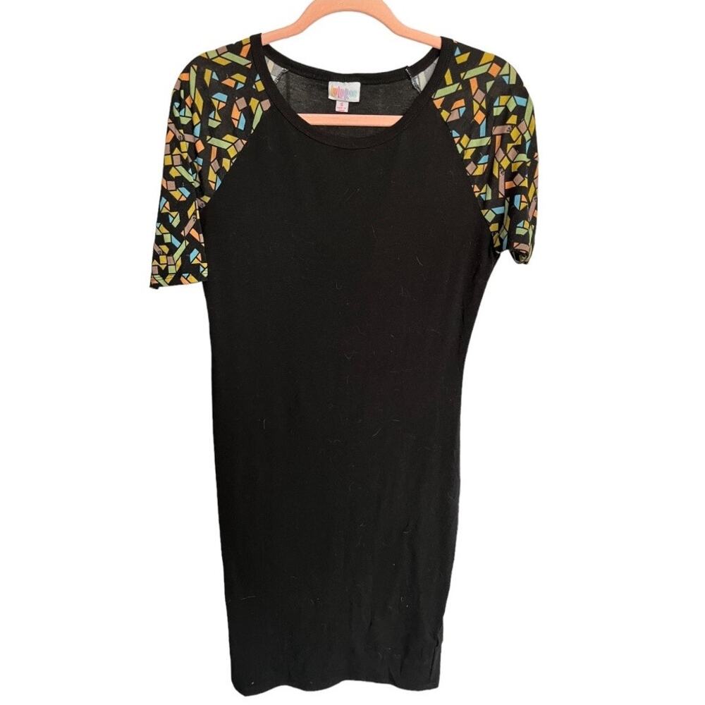 Lularoe Julia knee length dress 1/4 sleeve scoop neck black colorful geometric S